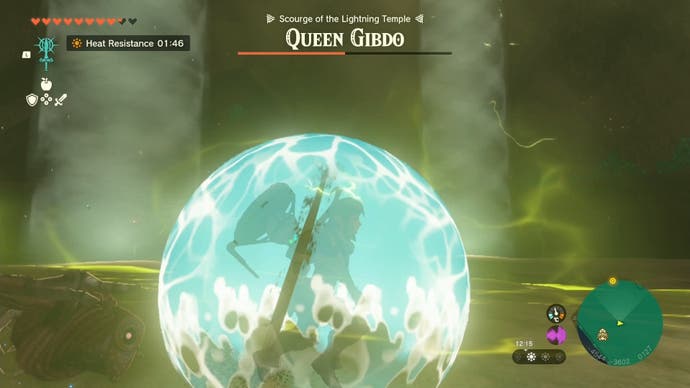 Link using Sidon's protective bubble ability as the player fights the Queen Gibdo boss in The Legend of Zelda: Tears of the Kingdom.