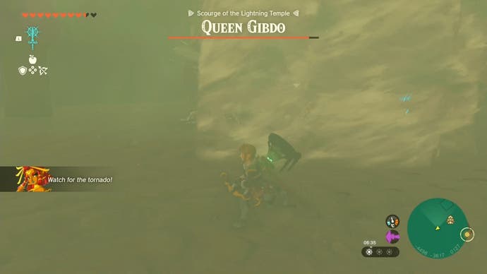 Link bracing for a tornado attack from Queen Gibdo in The Legend of Zelda: Tears of the Kingdom.