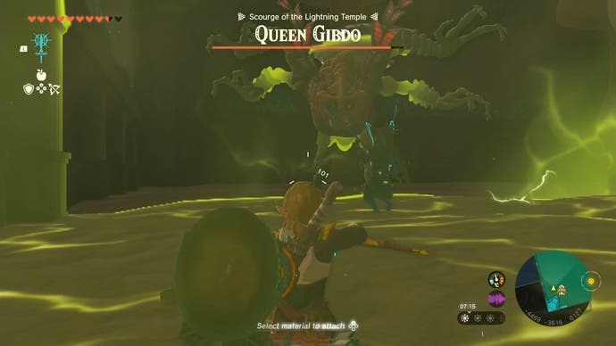 Link getting ready to shoot an arrow at the Queen Gibdo boss in Tears of the Kingdom.