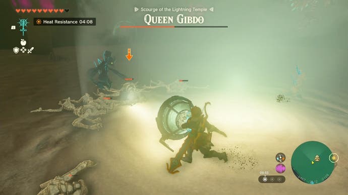 Link running into a source of light which helps protect the player from enemy attacks during the Queen Gibdo boss fight.