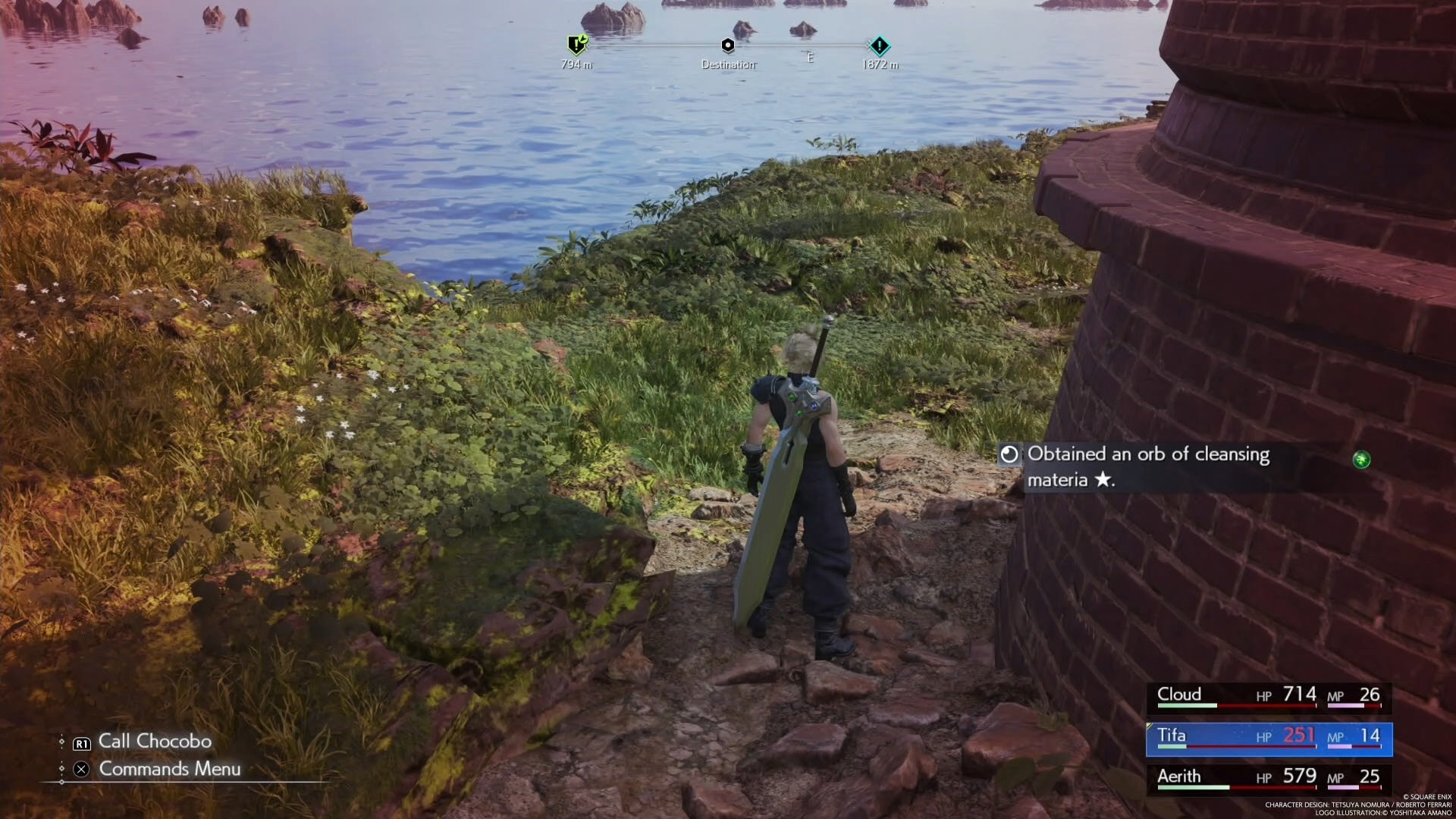 Cloud picking up a Cleansing materia by a windmill in Final Fantasy 7 Rebirth.