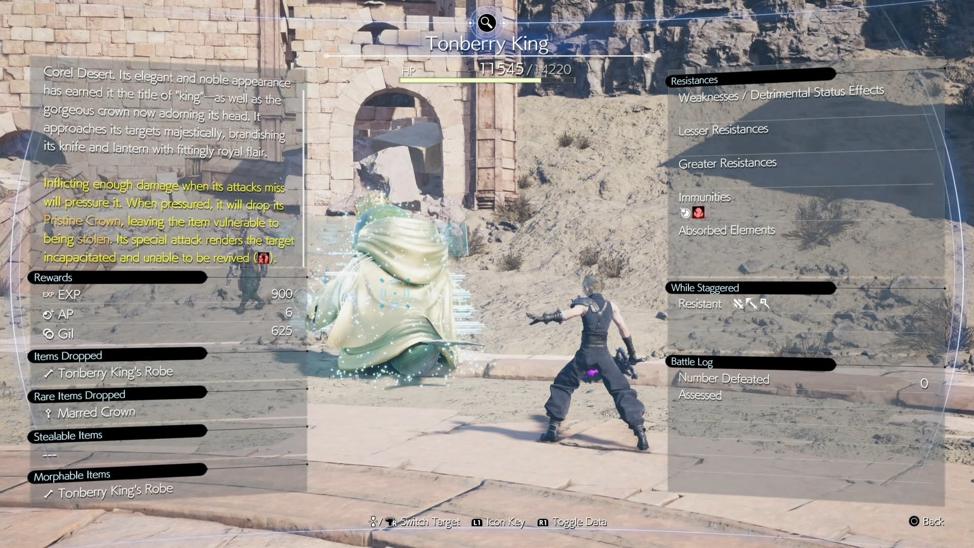 The Assess screen showing the Tomberry Kings stats in Final Fantasy 7 Rebirth.