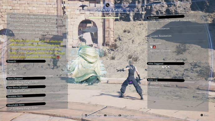 The Assess screen showing the Tomberry Kings stats in Final Fantasy 7 Rebirth.