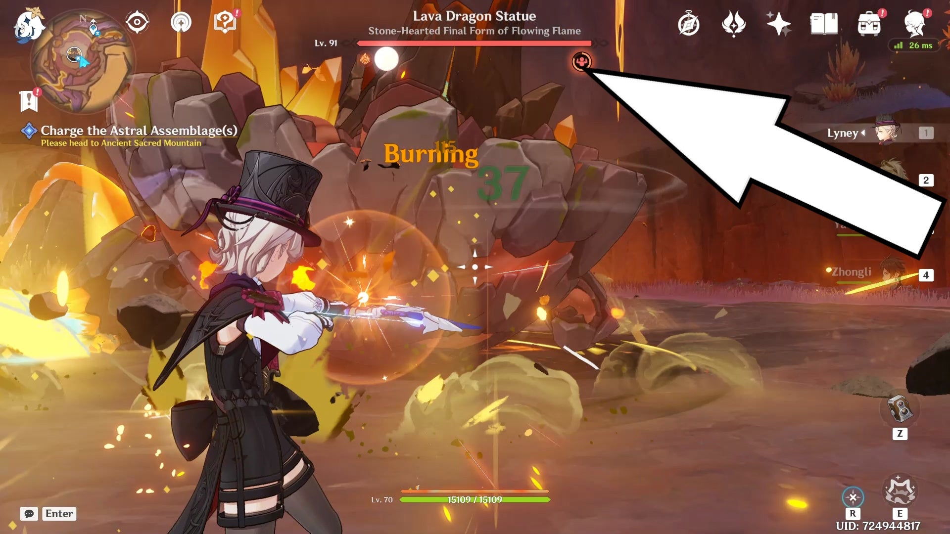 Lyney firing arrows at the Lava Dragon Statue boss in Genshin Impact with a white arrow pointing the the boss' Fury meter.