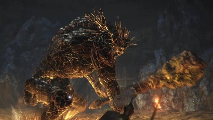 the Stonedigger Troll in the Limgrave Tunnels in Elden Ring, as it hits the ground with its club.