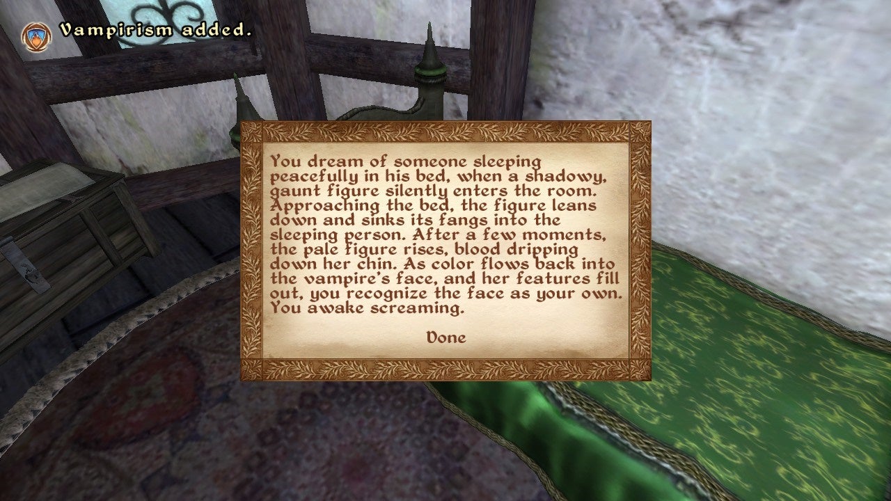 Text describing the first strange dream of becoming a vampire in Oblivion.