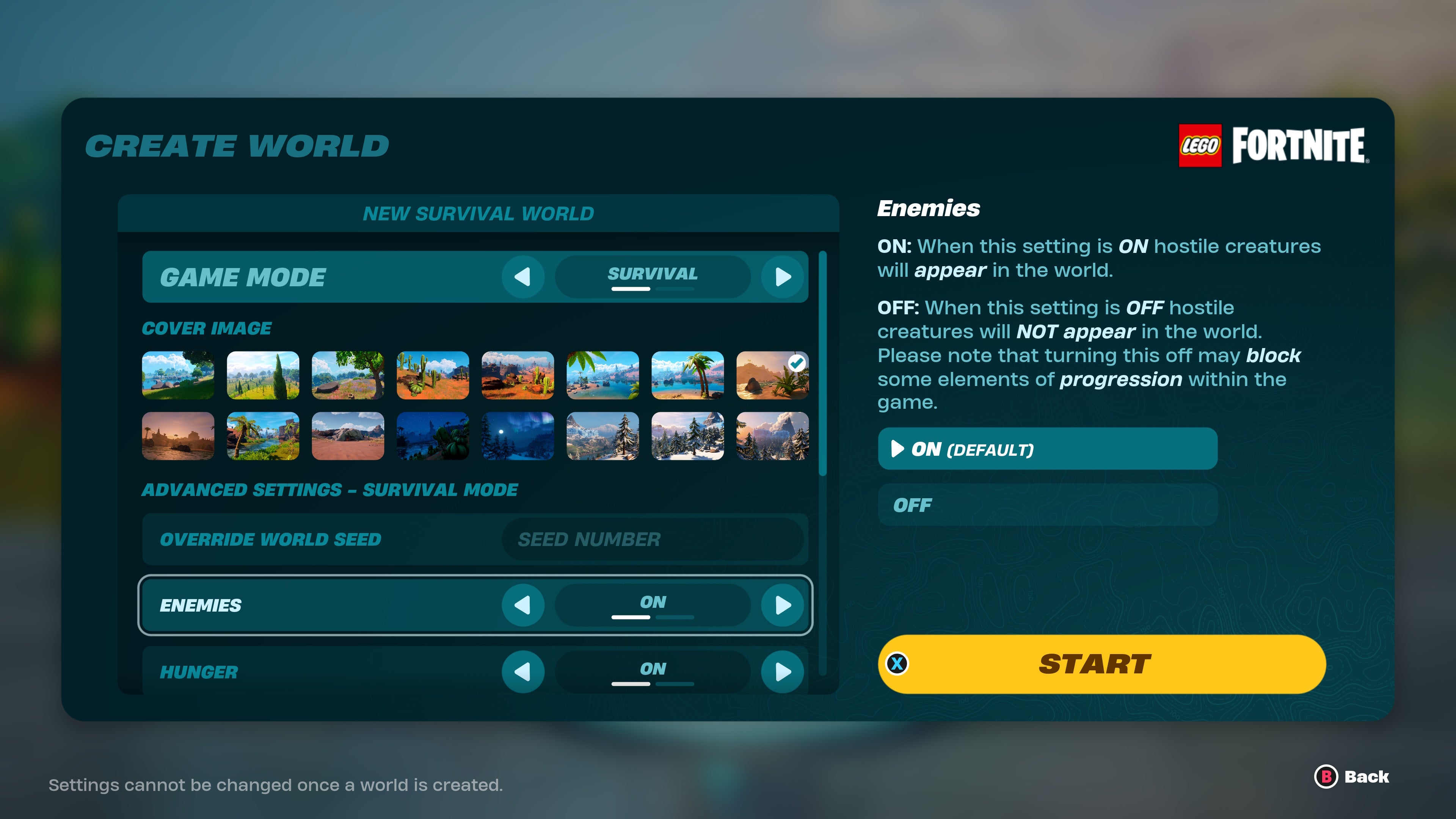 menu of choosing to toggle enemies on in the survival mode of fortnite lego