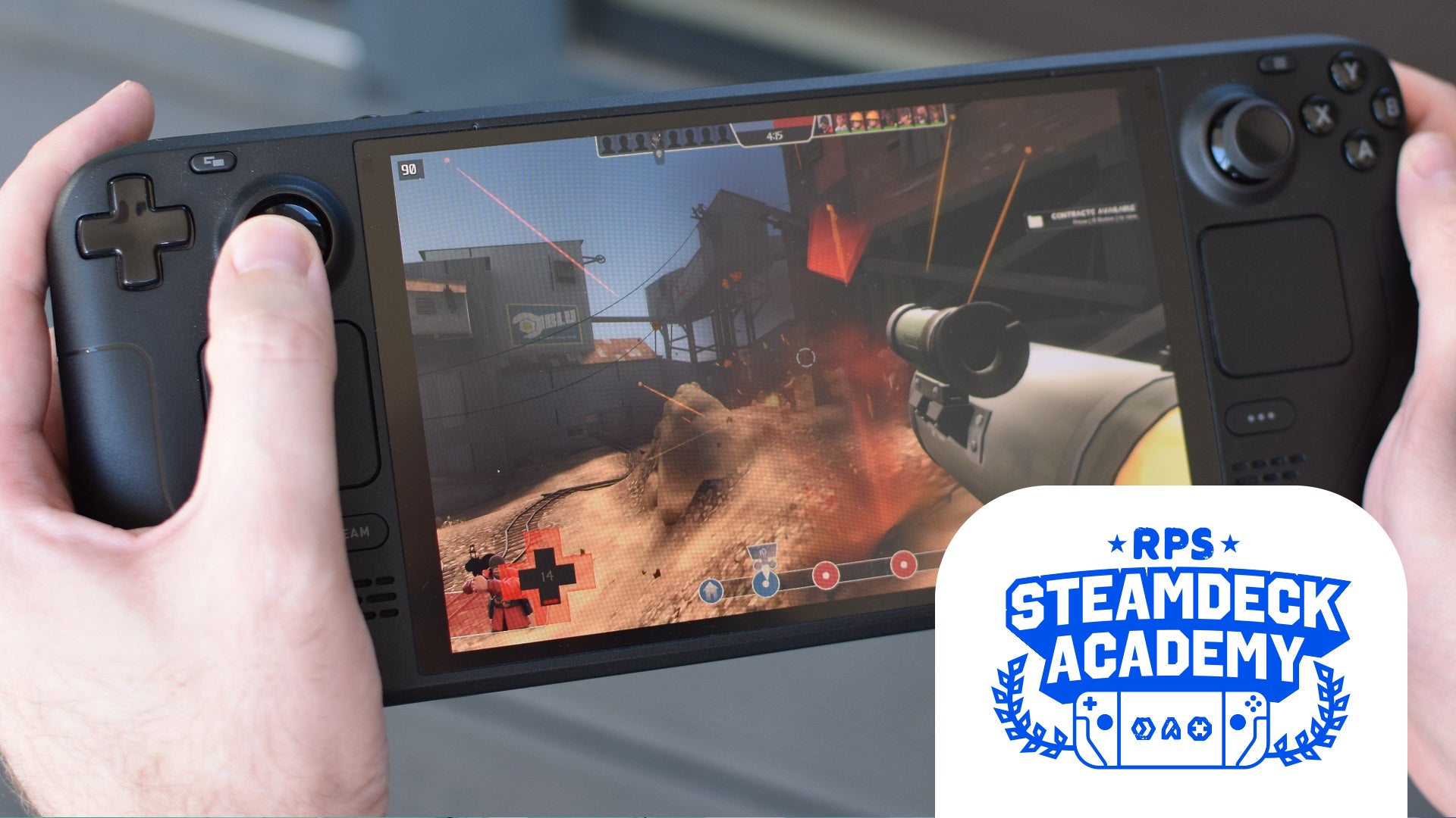 Steam Deck gyro controls being used to play Team Fortress 2. The RPS Steam Academy logo is added in the bottom-right corner. - 1
