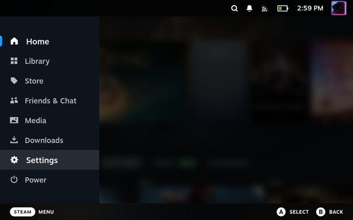 Step 1 of how to calibrate gyro controls on the Steam Deck: Press the Steam button and open Settings.