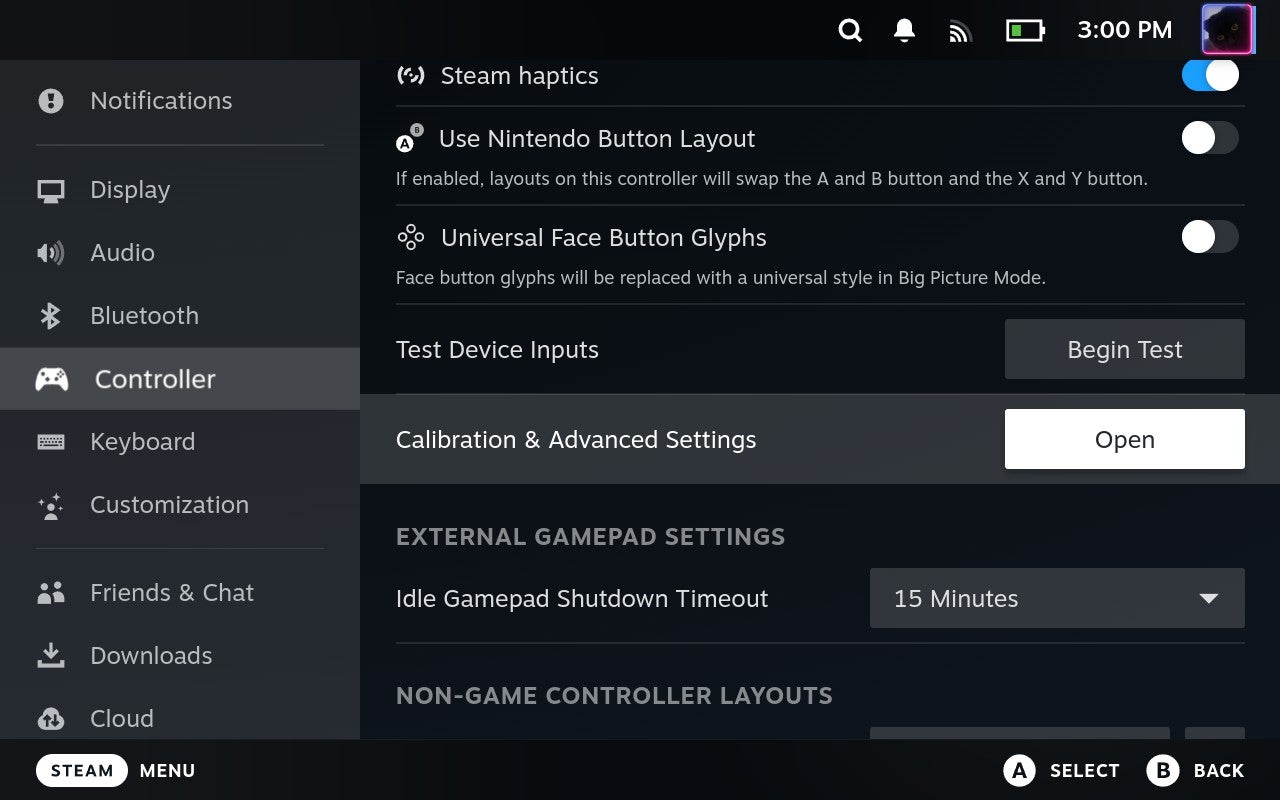 Step 2 of how to calibrate gyro controls on the Steam Deck: Scroll down to the Controller menu and open the Calibration and Advanced Settings section. - 5