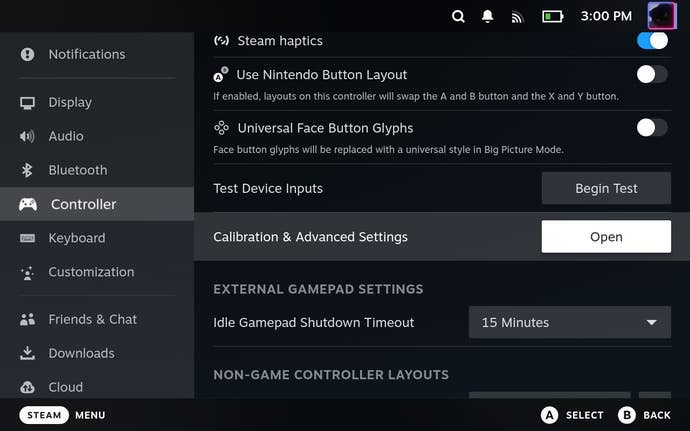 Step 2 of how to calibrate gyro controls on the Steam Deck: Scroll down to the Controller menu and open the Calibration and Advanced Settings section.