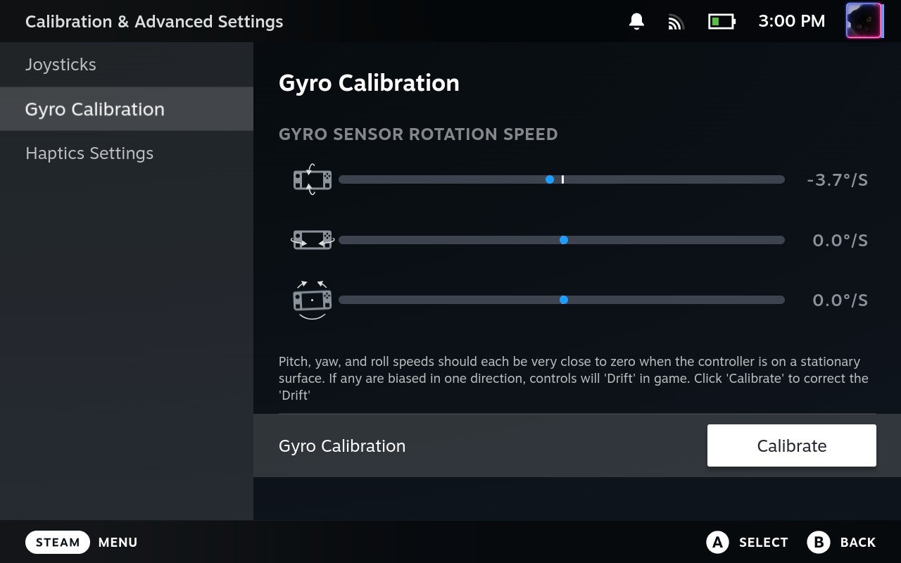 Step 3 of how to calibrate gyro controls on the Steam Deck: Select Gyro Calibration, then Calibrate. Immediately place your Steam Deck on a stable flat surface. - 6