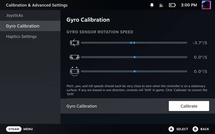 Step 3 of how to calibrate gyro controls on the Steam Deck: Select Gyro Calibration, then Calibrate. Immediately place your Steam Deck on a stable flat surface.