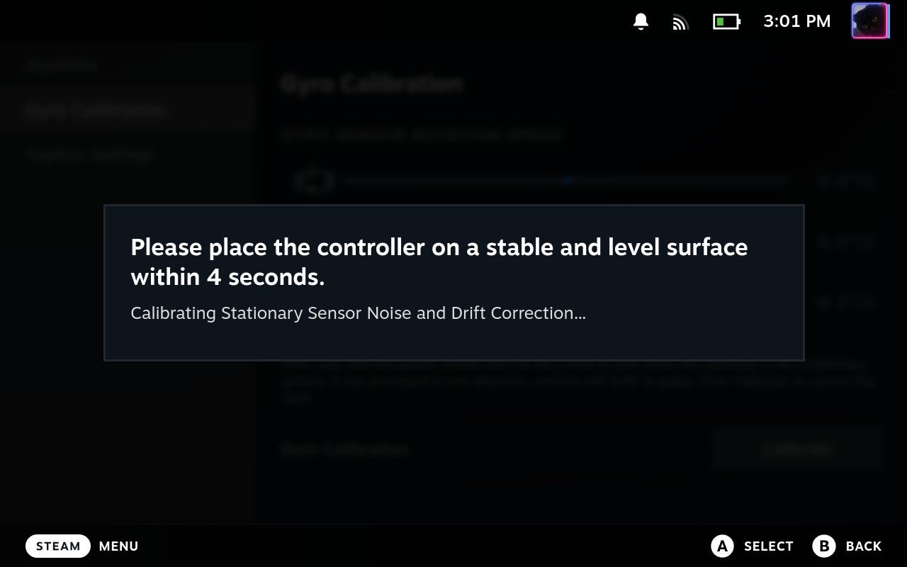 Step 4 of how to calibrate gyro controls on the Steam Deck: Ensuring the Steam Deck stays flat and still, wait for calibration to complete, then press the B button to exit. - 7