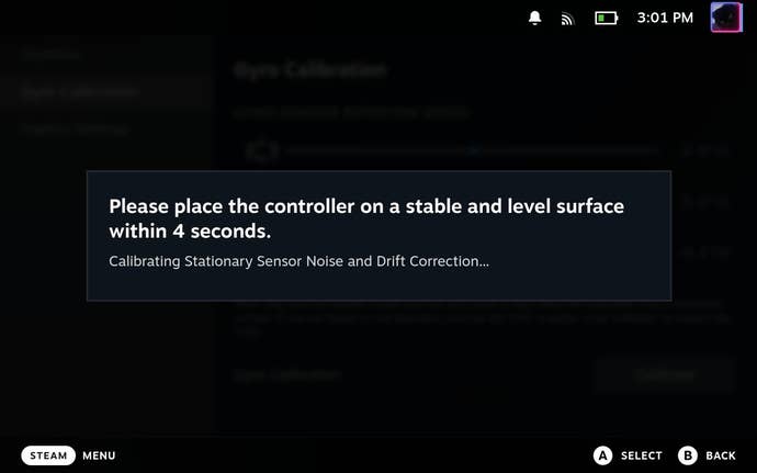 Step 4 of how to calibrate gyro controls on the Steam Deck: Ensuring the Steam Deck stays flat and still, wait for calibration to complete, then press the B button to exit.