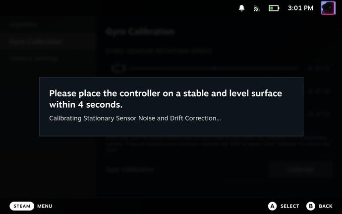 Step 4 of how to calibrate gyro controls on the Steam Deck: Ensuring the Steam Deck stays flat and still, wait for calibration to complete, then press the B button to exit.