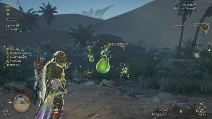 Using the capture net on a Giant Vigorwasp in Monster Hunter Wilds.
