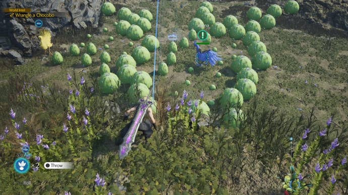 Cloud aiming a Chocobo bait in from of the Nibelheim Chocobo in Final Fantasy 7 Rebirth.