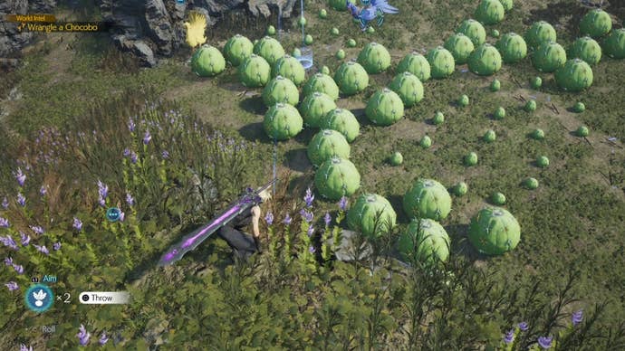 Cloud aiming a Chocobo bait in from of the Nibelheim Chocobo in Final Fantasy 7 Rebirth.