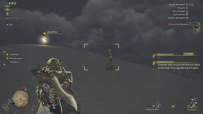 Using a capture net on a Tracktail Lizard in Monster Hunter Wilds.