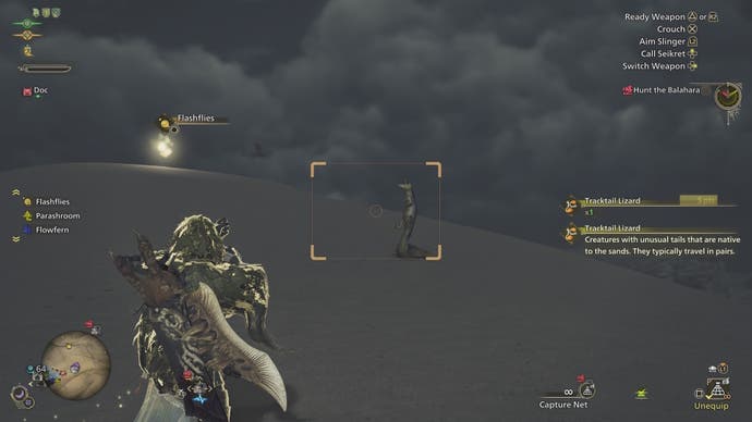 Using a capture net on a Tracktail Lizard in Monster Hunter Wilds.
