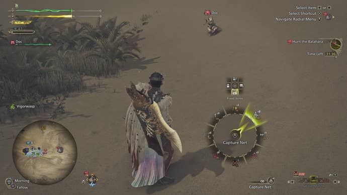 Selecting the capture net on the radial menu in Monster Hunter Wilds.
