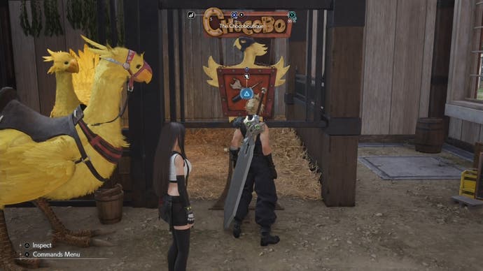 Cloud looking at the Chocobotique sign in Bill's Chocobo Ranch in Final Fantasy 7 Rebirth.