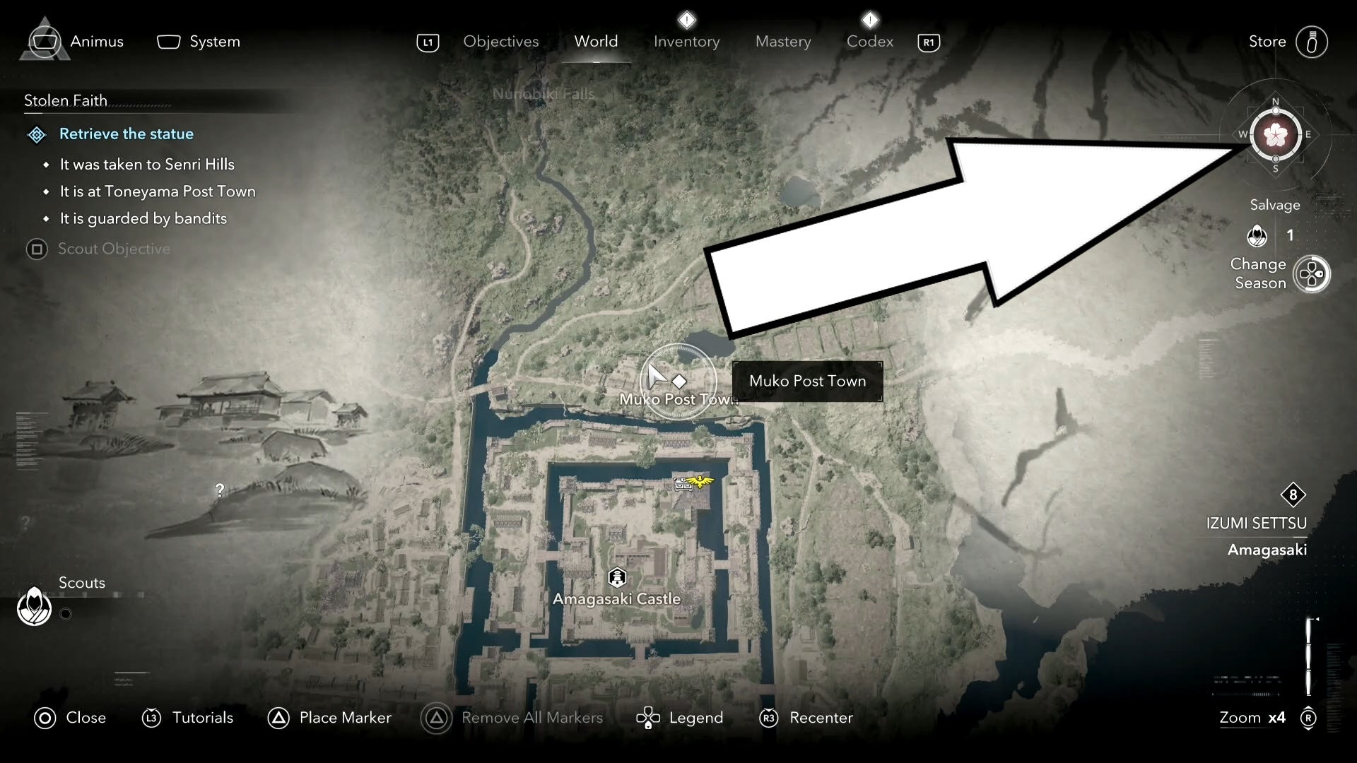 A white arrow pointing to the season bar on the map menu in Assassin&rsquo;s Creed Shadows.