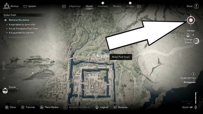 A white arrow pointing to the season bar on the map menu in Assassin’s Creed Shadows.