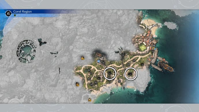 Map view of northern Corel with two Lifespring locations circled in Final Fantasy 7 Rebirth.