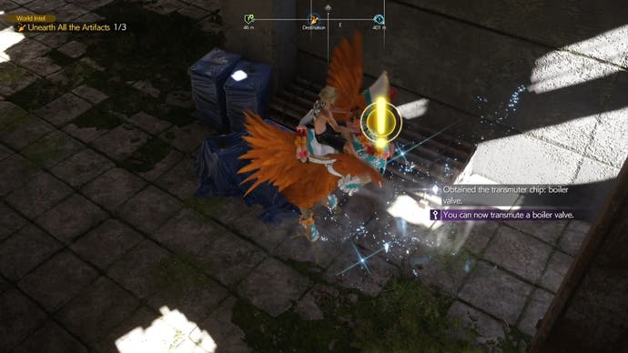 Cloud on a Chocobo digging up the boiler valve transmuter chip in Final Fantasy 7 Rebirth.