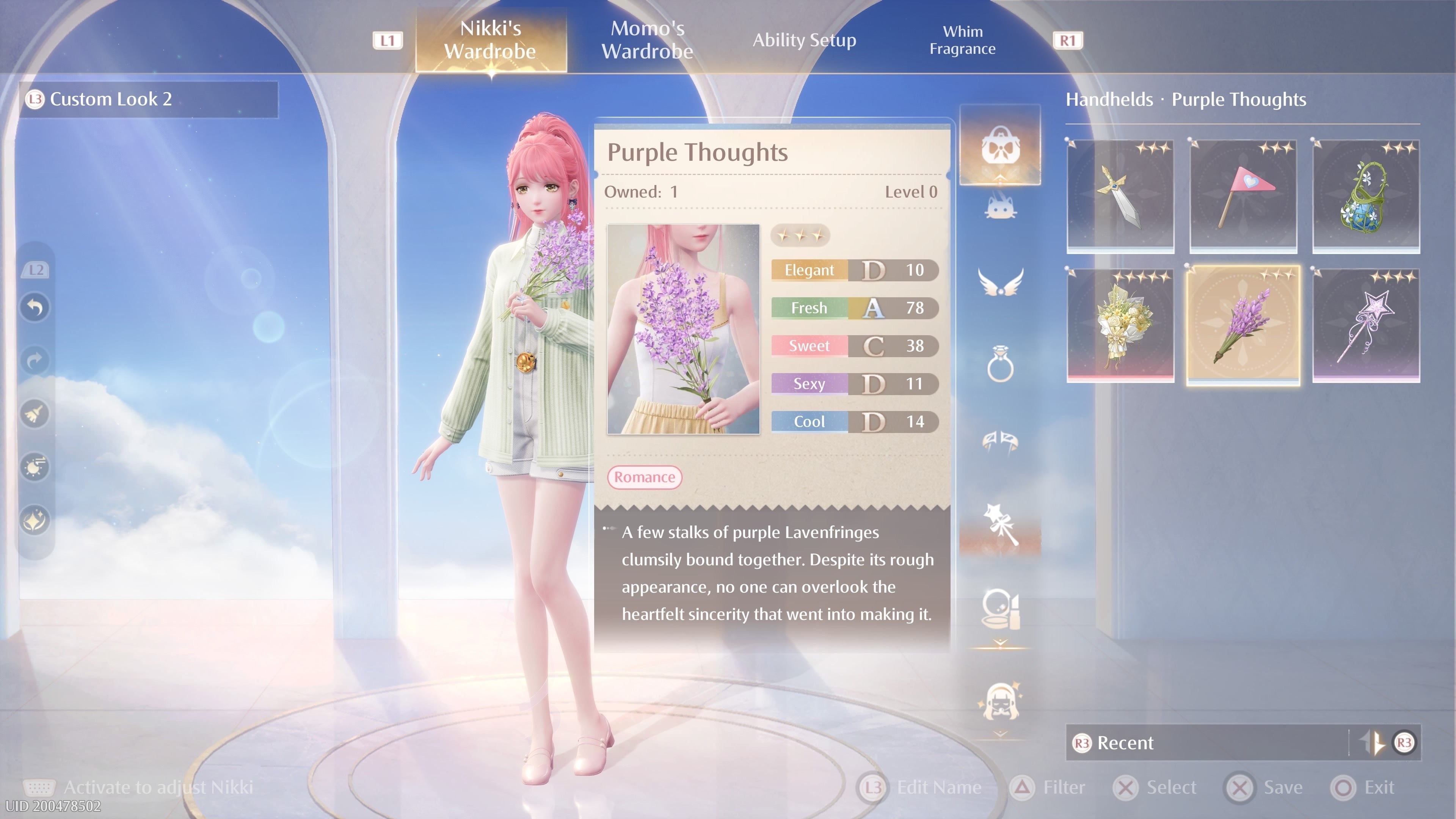 The Purple Thoughts accessory selected in the wardrobe menu of Infinity Nikki.