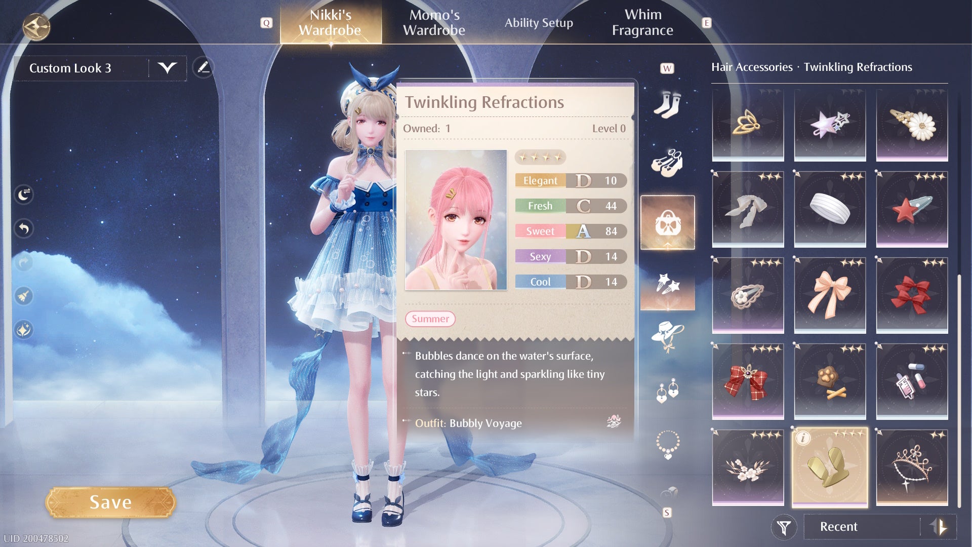 The Twinkling Refractions hair accessory highlighted in the wardrobe menu of Infinity Nikki.