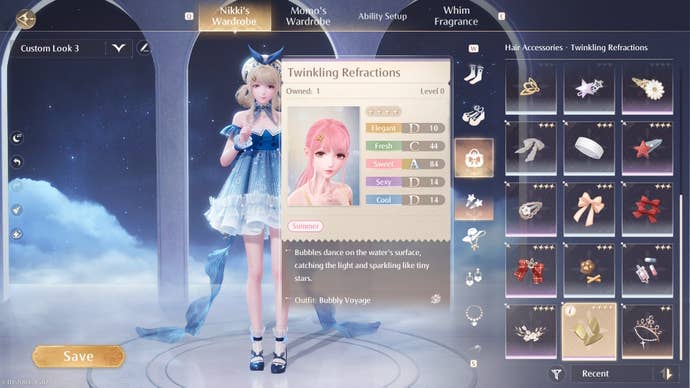 The Twinkling Refractions hair accessory highlighted in the wardrobe menu of Infinity Nikki.