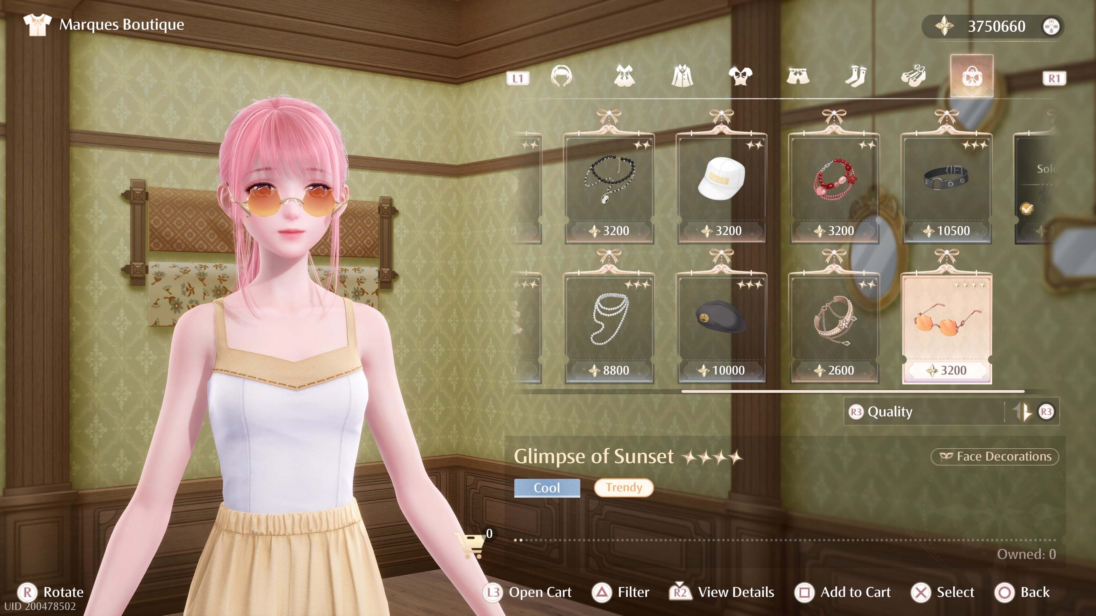 Nikki wearing the Glimpse of Sunset sunglasses on a shop selection menu in Infinity Nikki.