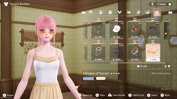 Nikki wearing the Glimpse of Sunset sunglasses on a shop selection menu in Infinity Nikki.