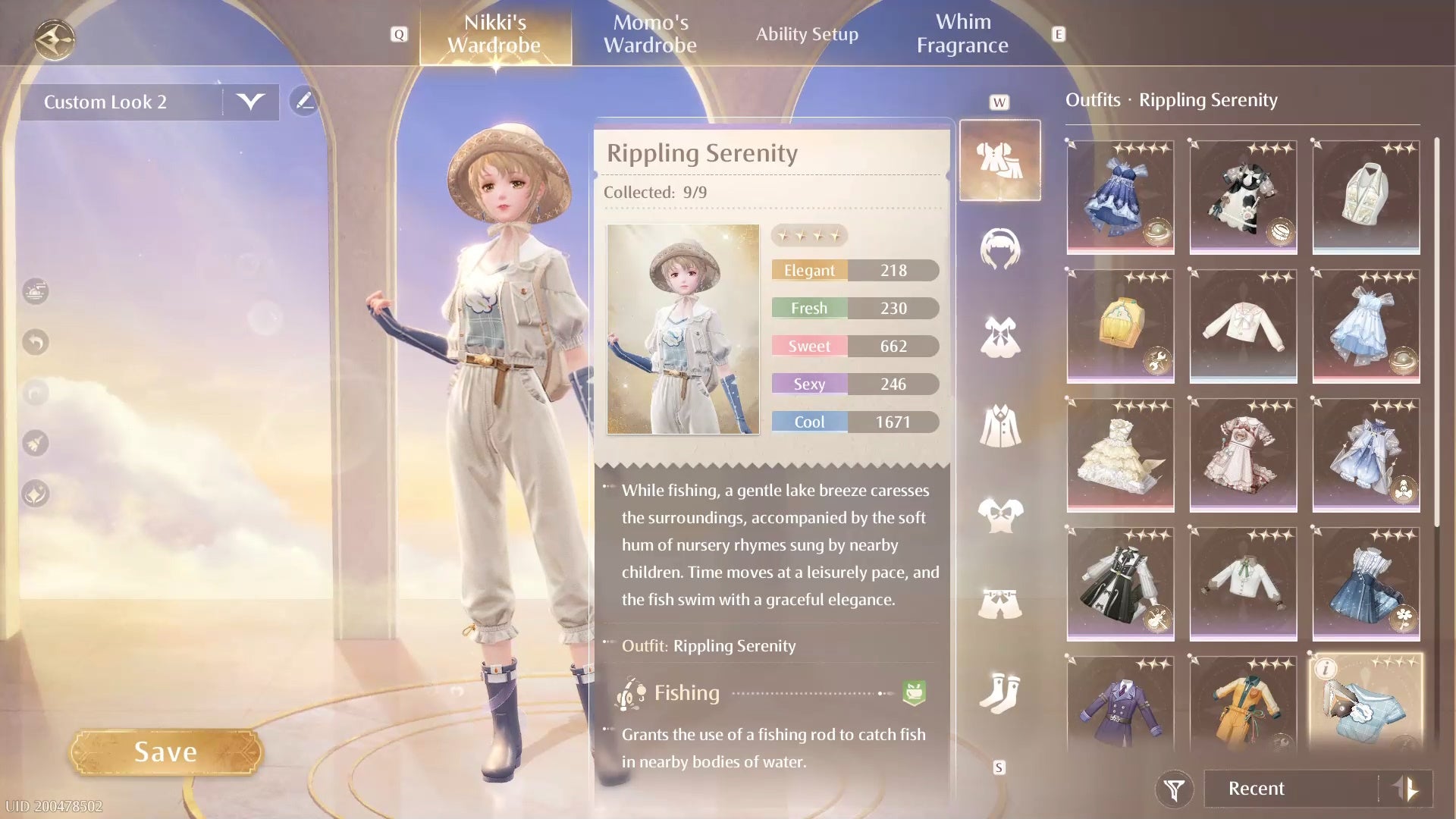 The Rippling Serenity fishing ability outfit selected in the wardrobe menu of Infinity Nikki.