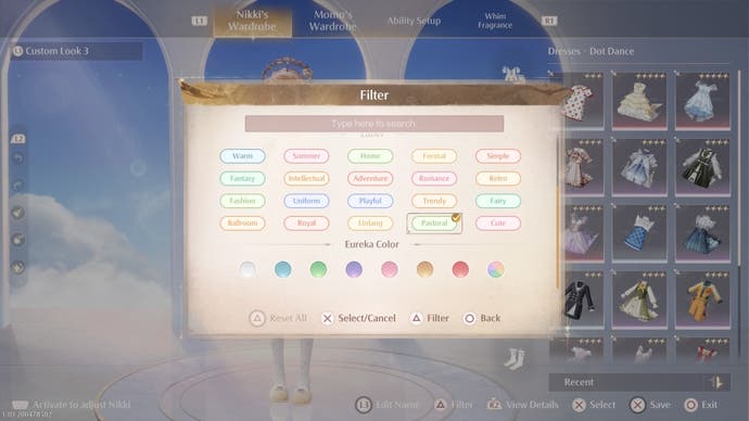 The Pastoral tag selected in the wardrobe filters menu in Infinity Nikki.