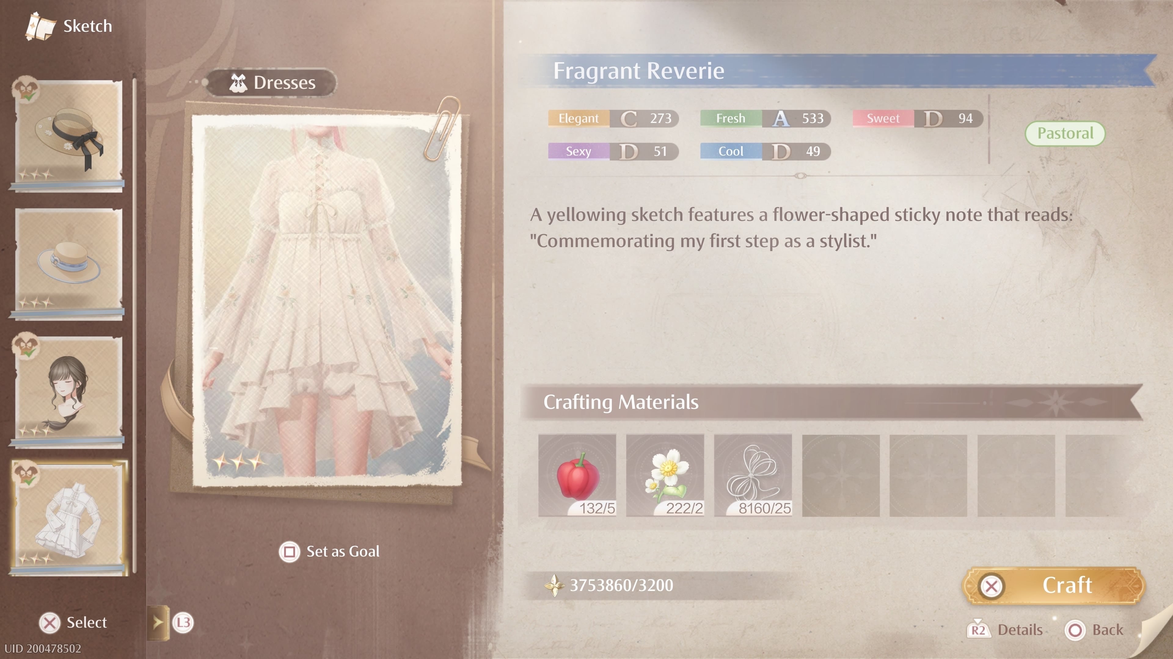 Sketch crafting menu for the Fragrant Reverie dress in Infinity Nikki.