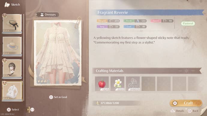 Sketch crafting menu for the Fragrant Reverie dress in Infinity Nikki.