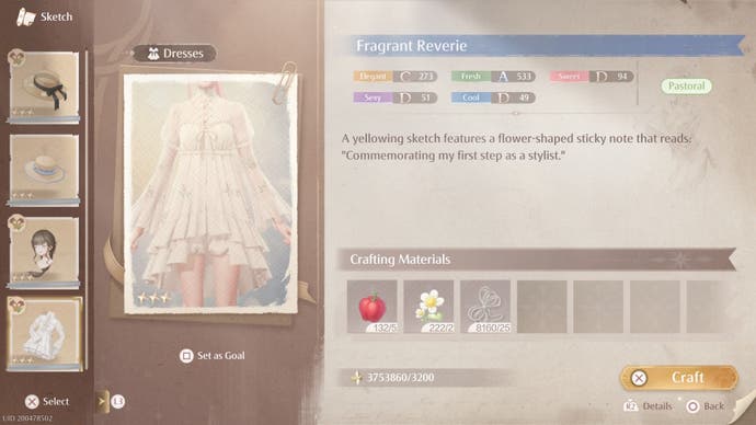 Sketch creation menu for the Fragrant Reverie dress in Infinity Nikki.