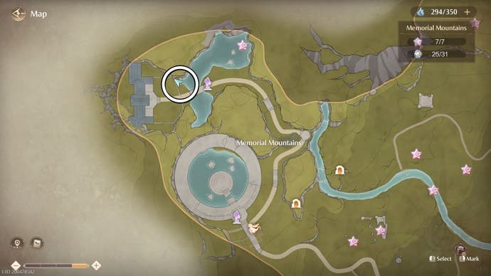 Circled map view of the location of the Fragrant Reverie dress in Infinity Nikki.