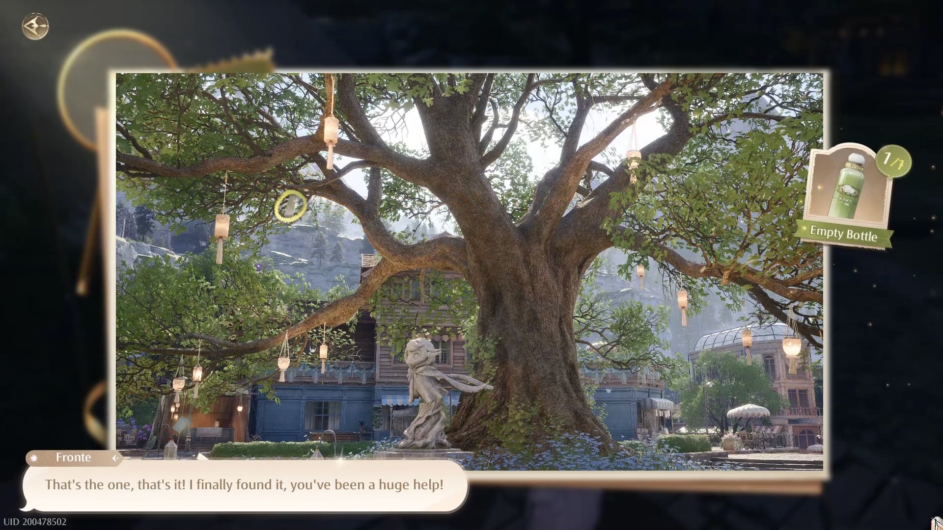 The drink bottle on the Wishing Tree for the Wrong Bottle Photo Investigation in Infinity Nikki.