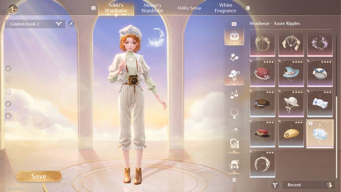 Nikki wearing the Azure Ripples headwear on the Wardrobe menu in Infinity Nikki.