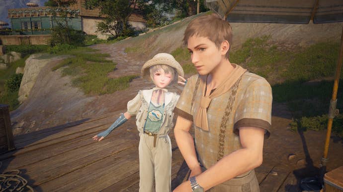 Nikki posing next to Fronte while he is fishing in Infinity Nikki.