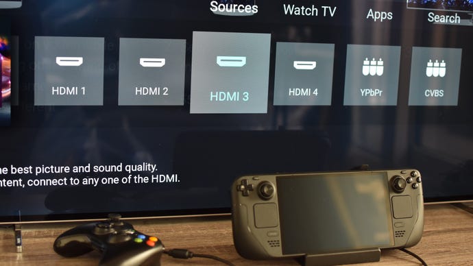 Step 2 of how to connect a Steam Deck to a TV with a docking station: Switch your TV's input to the HDMI port that the Steam Deck dock is connected to.