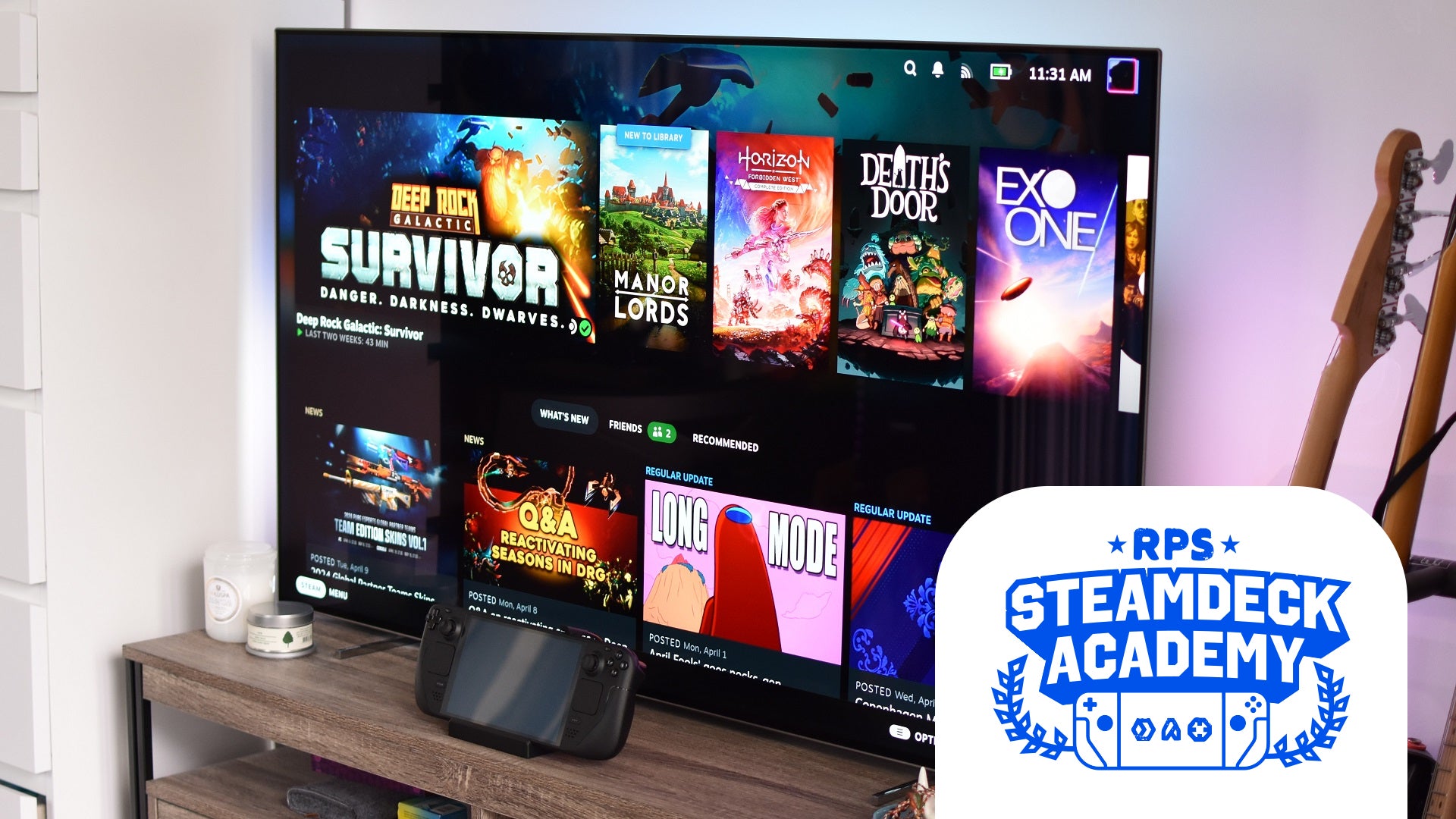 A Steam Deck connected to a TV. The RPS Steam Deck Academy logo is added in the bottom-right corner. - 1