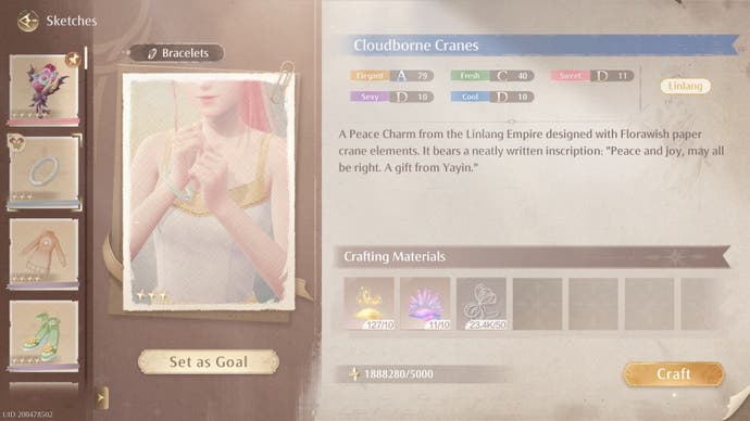 Crafting materials menu for the Cloudborne Cranes bracelet in Infinity Nikki.