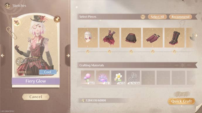 Sketch crafting menu for Fiery Glow in Infinity Nikki.