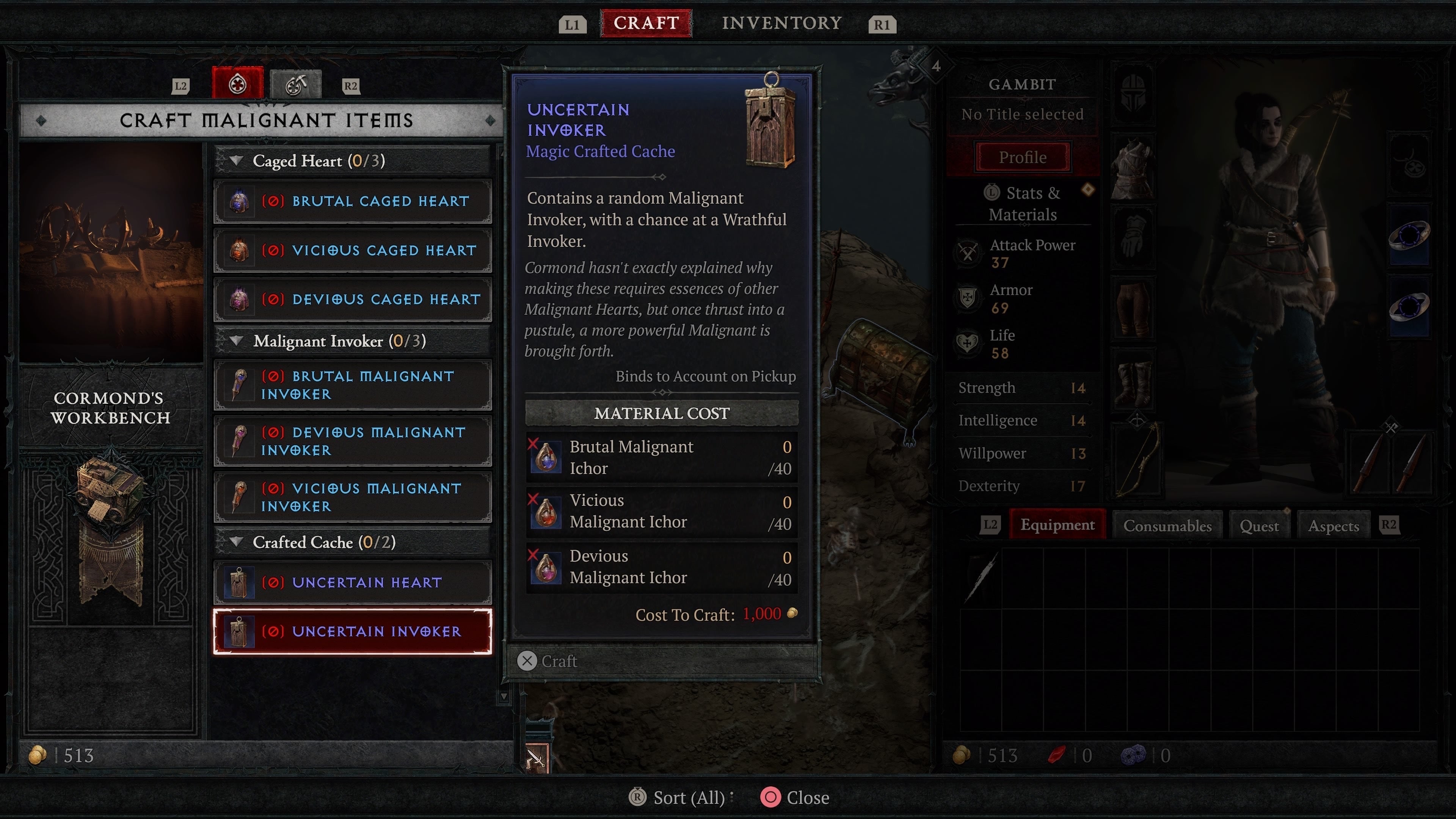 Cormond&rsquo;s Workbench menu on the option to craft an Uncertain Invoker.